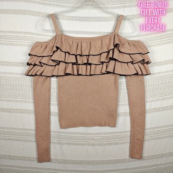Forever 21 Ruffle Off Shoulder Sweater Pink Beige Ribbed Knit Size XL - Picture 1 of 7
